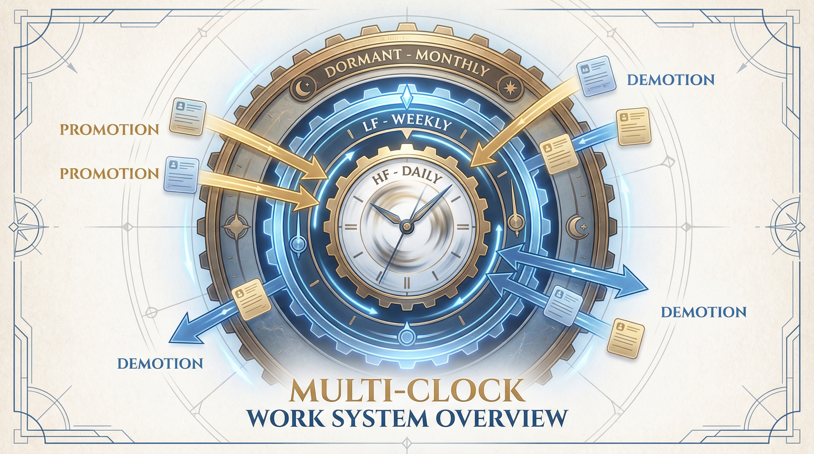 Three clock bands showing HF, LF, and Dormant work types