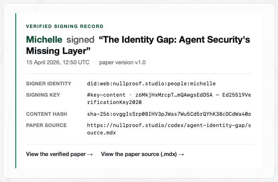 Signed record: Michelle signed The Identity Gap paper with Ed25519.